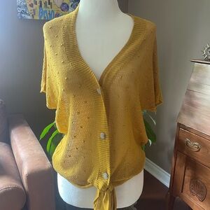 Lucky Brand Mustard Yellow Knit Button-Front Tie Hem Top